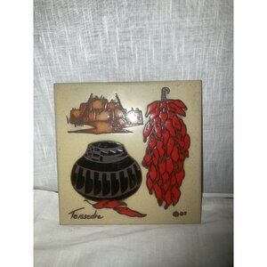 Cleo Teissedre Ceramic Tile signed Decor Adobe House, Red Peppers and Pot‎ 82